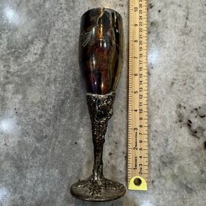 Silver Plated Wine Flute Goblet Chalice Embossed Carved Patina 10" Victorian